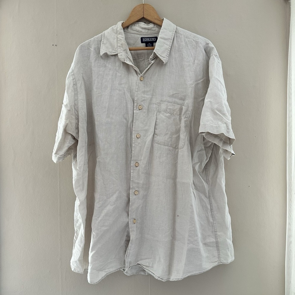 Lands End Mens Linen Button Up Shirt Size XL Beige Resort Beachy Coastal Preppy